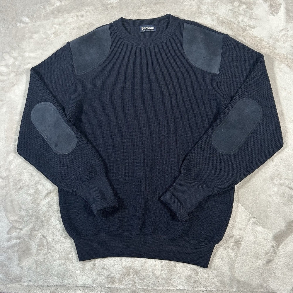 Barbour Sporting Sweater L Navy Merino Wool Elbow Patch D951 Scotland Vintage